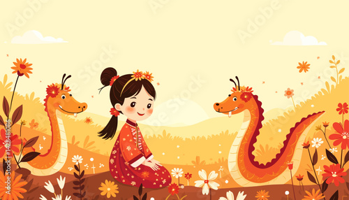 Cartoon girl in traditional dress with dragon friends