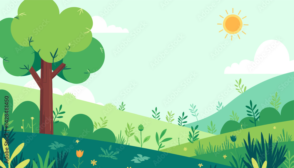 Naklejka premium Cartoon Green Landscape with Tree and Sun