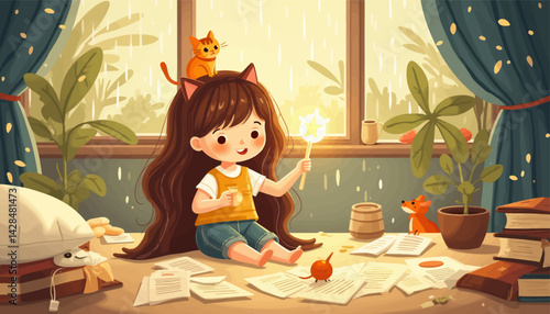 Cartoon girl with cat ears holding a magic wand on a rainy day