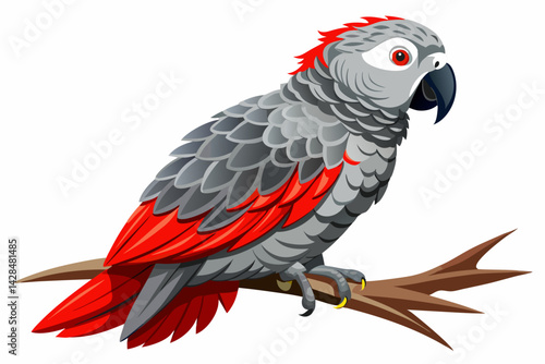 vector of African gray parrot with striking red tail feathers sitting peacefully on a branch isolated on white.