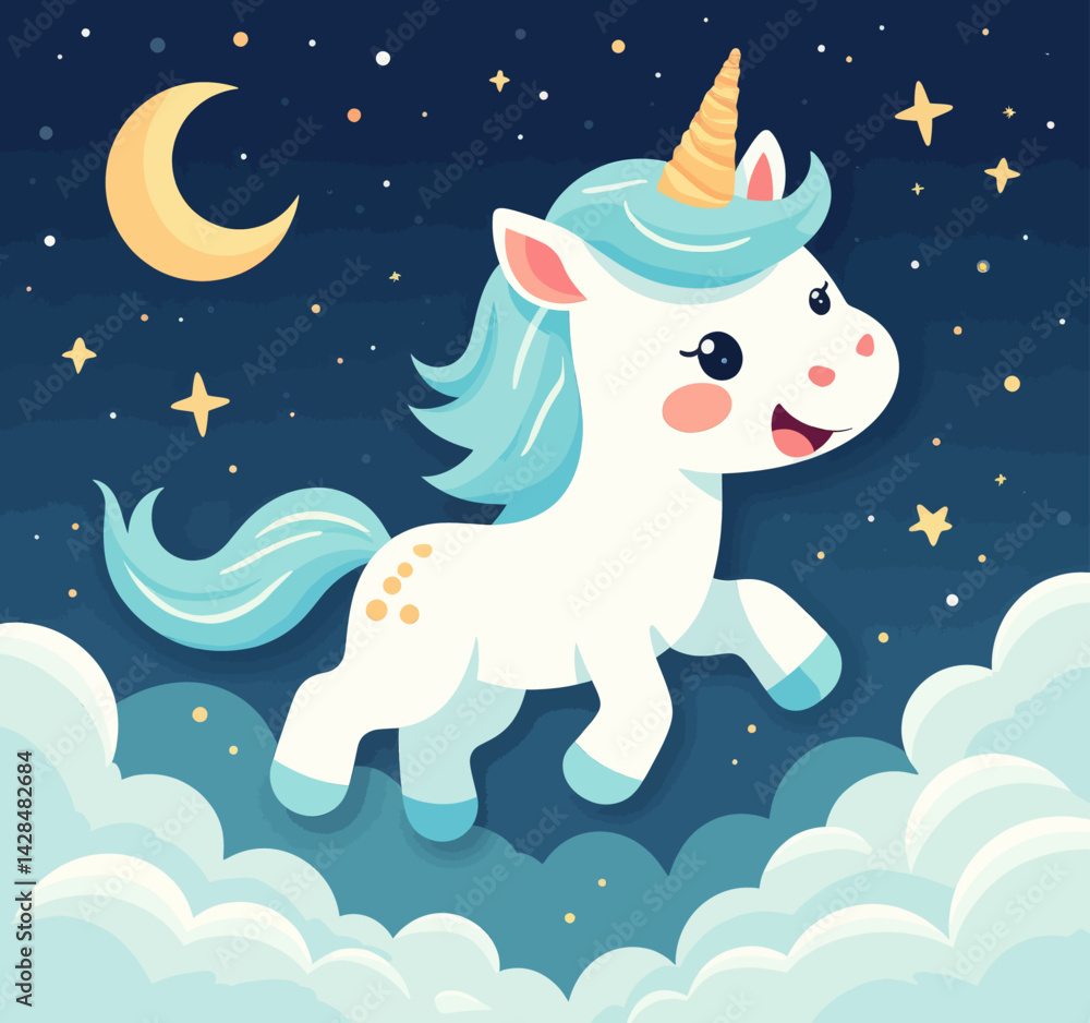 Fototapeta premium Cartoon Unicorn Flying in Starry Night Sky Over Clouds