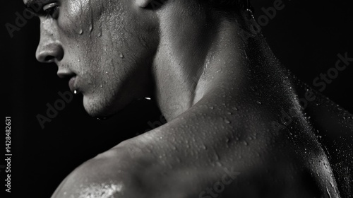 Model with wet skin lit dramatically