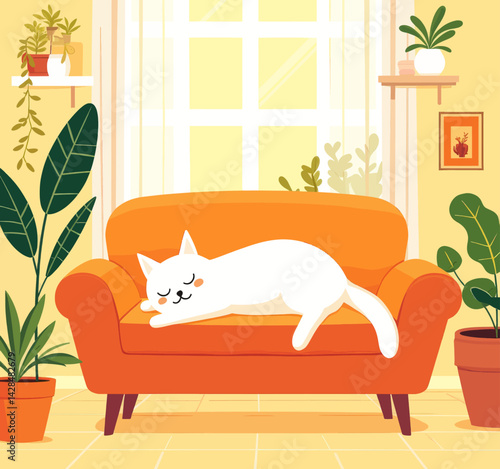Cartoon white cat sleeps on orange sofa, plants around