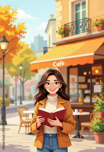 Cartoon Woman Reading Book Outside Cafe in Autumn