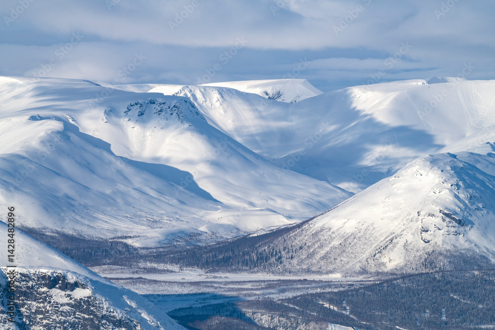 View of the Khibiny Mountains on a March day. Murmansk region, Russia