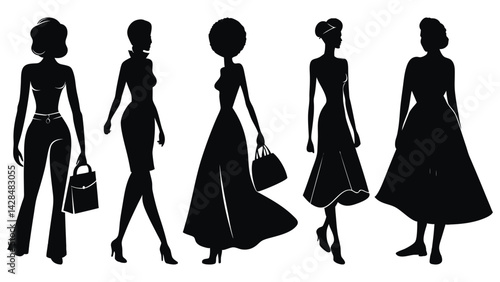 Silhouettes of women fashion models in black dresses are a vector illustration of style and beauty for shopping