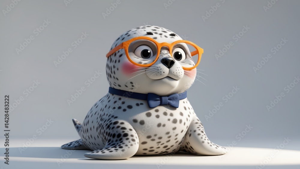 Cute cartoon seal with orange glasses and blue bow tie sitting on a light background