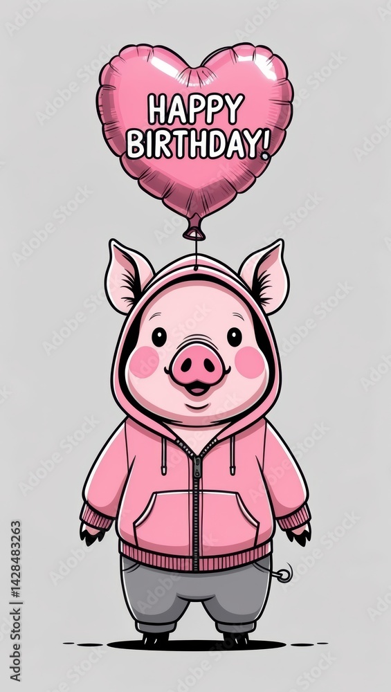 Cute piglet in a pink hoodie holding a heart-shaped balloon with text