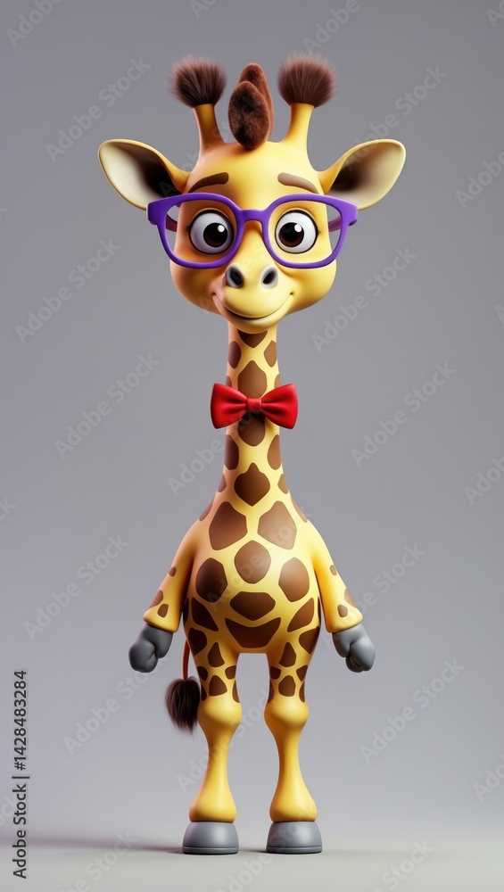 Cute cartoon giraffe wearing glasses and a red bow tie standing on a gray background