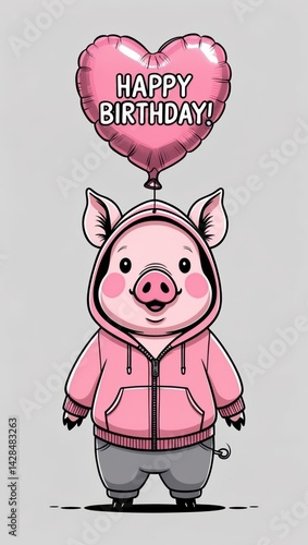 Obraz na płótnie Cute piglet in a pink hoodie holding a heart-shaped balloon with text