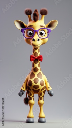 Obraz na płótnie Cute cartoon giraffe wearing glasses and a red bow tie standing on a gray background w salonie