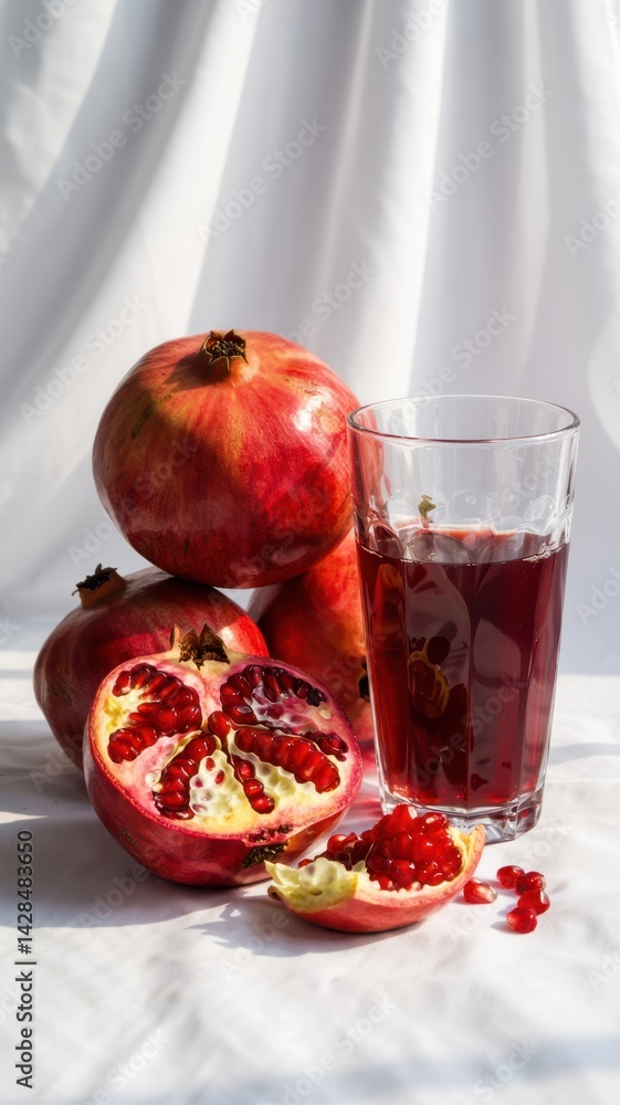 Fresh pomegranates with a glass of pomegranate juice on a white background under natural light