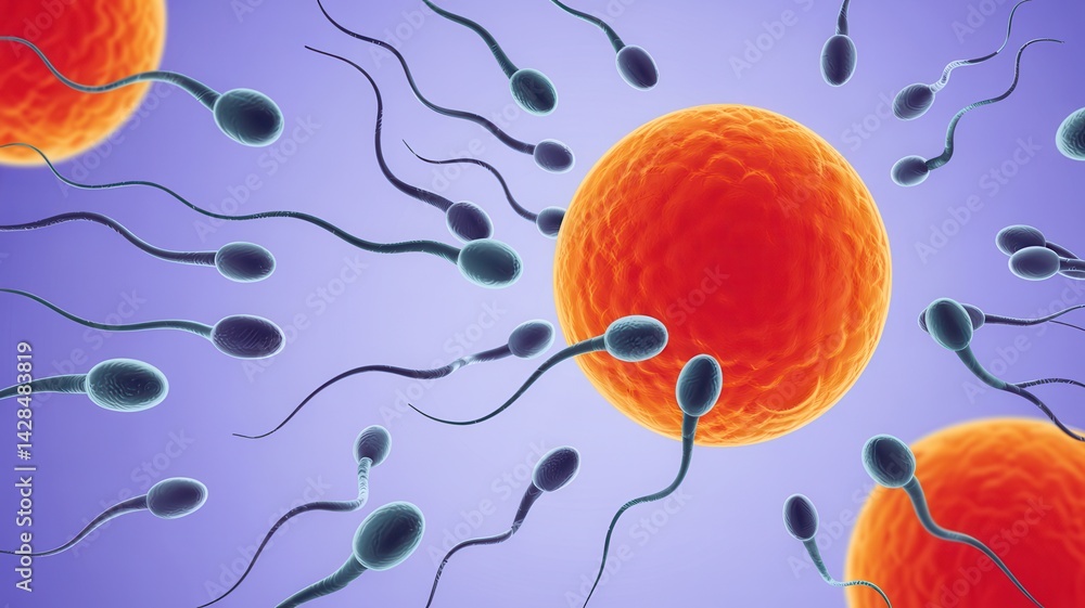 Sperm cells swimming toward an egg for fertilization on a purple background, representing reproduction and biology