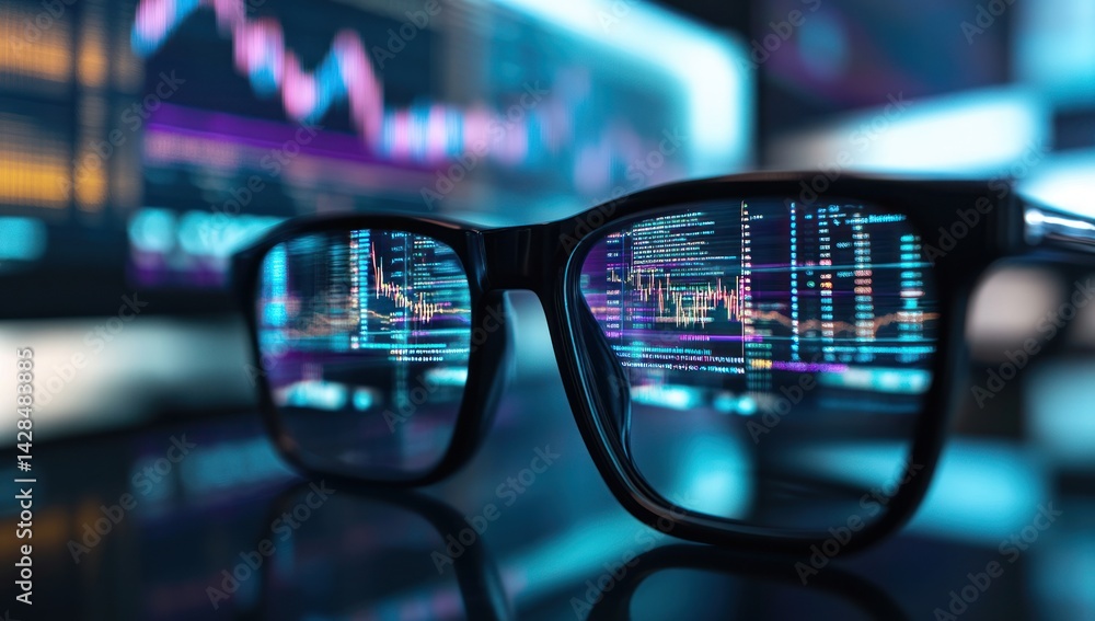 custom made wallpaper toronto digitalGlasses reflect stock market data on screens with blurred background.