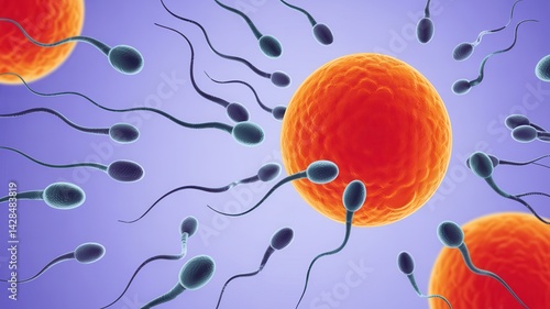 Obraz na płótnie Sperm cells swimming toward an egg for fertilization on a purple background, representing reproduction and biology w salonie