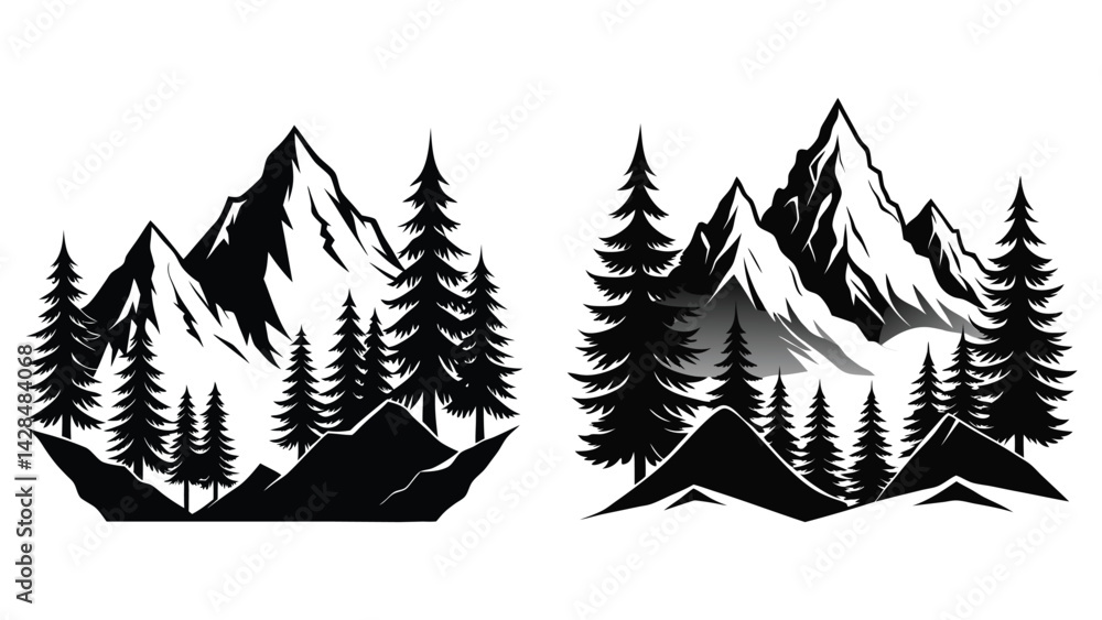 Obraz premium High Mountains and Evergreen Trees Silhouette Monochrome Nature Scenery black silhouette on white background. set of vector illustration of a pine tree with mountain