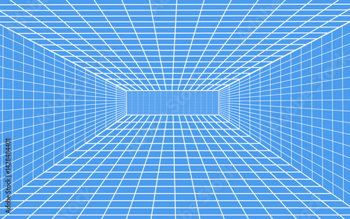 3d wireframe grid room. 3d perspective laser grid 16 9.. Cyberspace blue background with white mesh. Futuristic digital hallway space in virtual reality. vector
