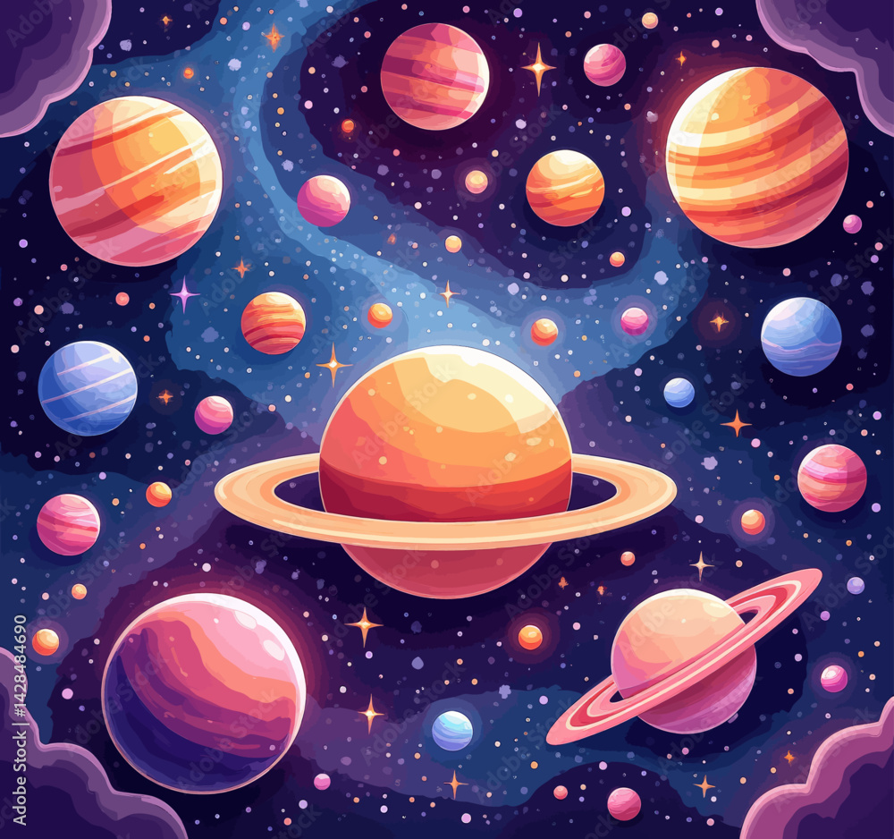 Colorful cartoon planets in a starry galaxy background Colorful cartoon planets in a starry galaxy background