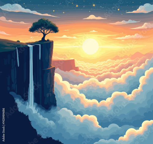 Cliffside Tree and Waterfall Above Clouds at Sunset