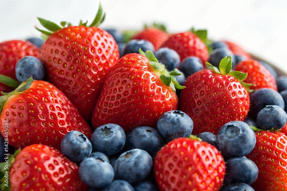 Closeup of vibrant red strawberries and juicy blue blueberries, a fresh fruit delight Closeup of vibrant red strawberries and juicy blue blueberries, a fresh fruit delight