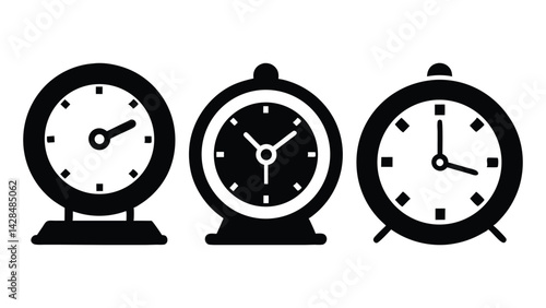 Retro vector illustration shows a funny old alarm clock ringing its bell, different Clock icon  black silhouette isolated on white background