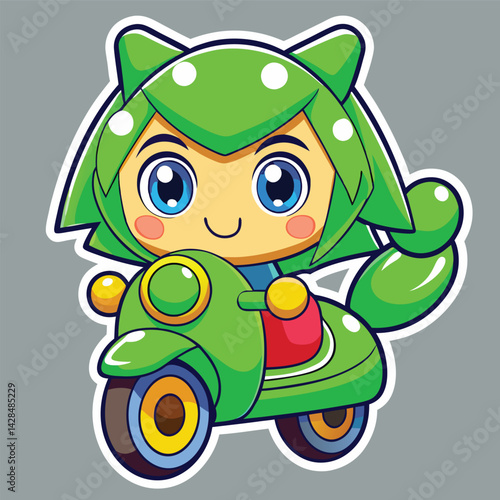 Cute green character riding a scooter
