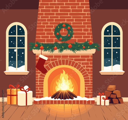 Cozy Christmas fireplace with gifts and snowy windows