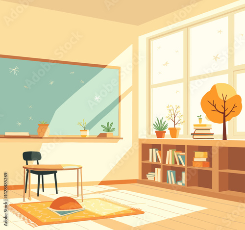Cozy classroom with chalkboard and winter window view