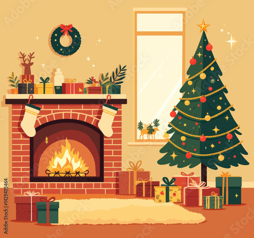 Cozy Christmas living room with fireplace and tree