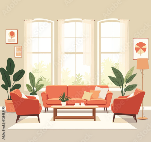 Cozy orange living room with plants and natural light