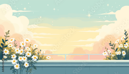 Daisy field on balcony with pastel sky and stars