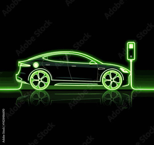 Electric car charging with green neon outline on black