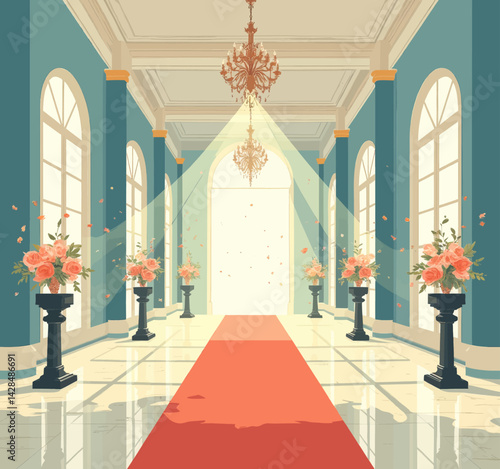 Elegant Hallway with Chandeliers and Rose Petals