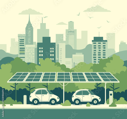 Electric Cars Charging Under Solar Panels, Cityscape Background