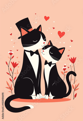 Elegant tuxedo cats in love with hearts and flowers