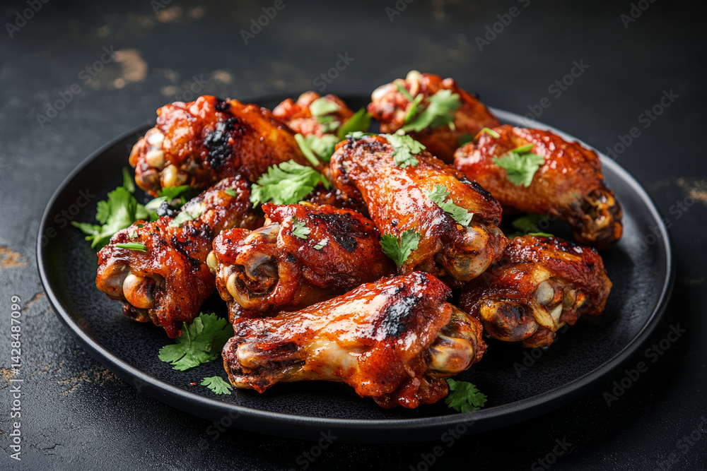 Spicy glazed chicken wings served on a dark plate, garnished with fresh herbs for a bold and flavorful dish Spicy glazed chicken wings served on a dark plate, garnished with fresh herbs for a bold and flavorful dish