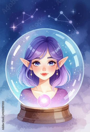 Elf Girl Gazing into Crystal Ball with Constellations
