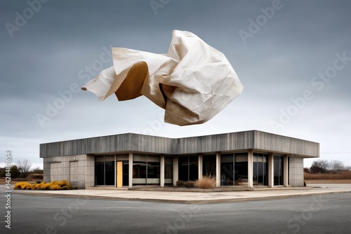 Obraz na płótnie Abandoned Modern Building with Floating Paper in Overcast Sky w salonie