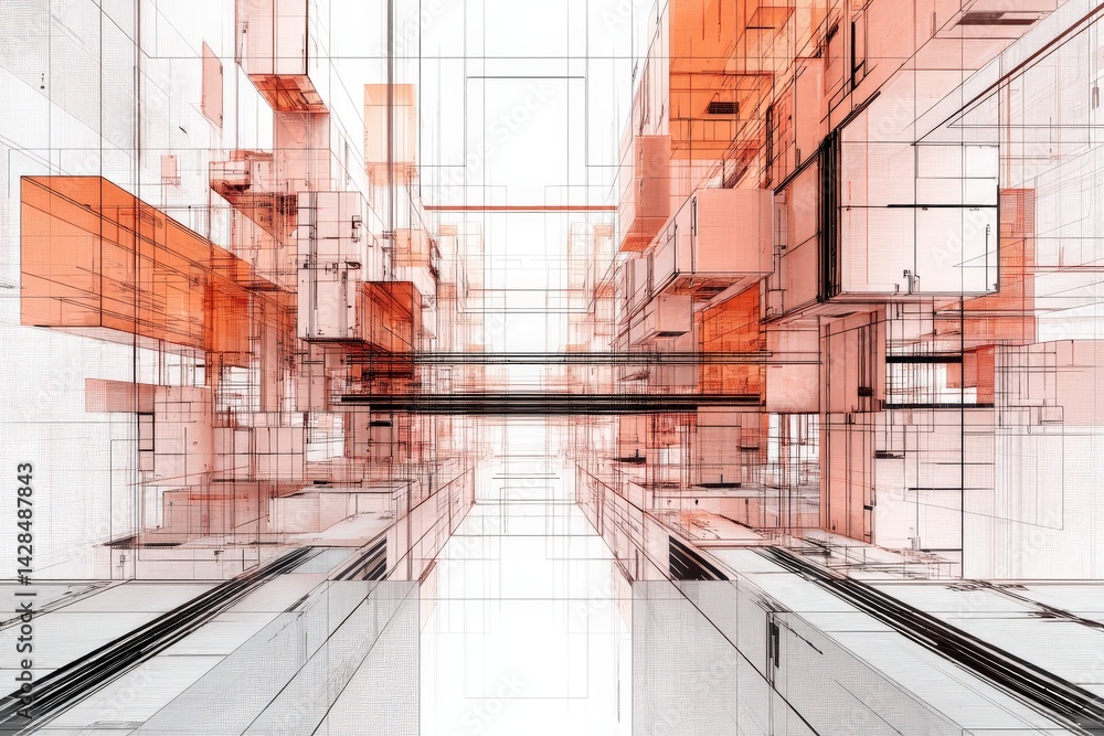 Abstract 3D Geometric Structures in Red and White Color Palette