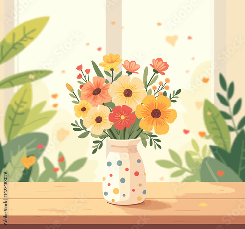 Floral Bouquet in Polka Dot Vase by Window