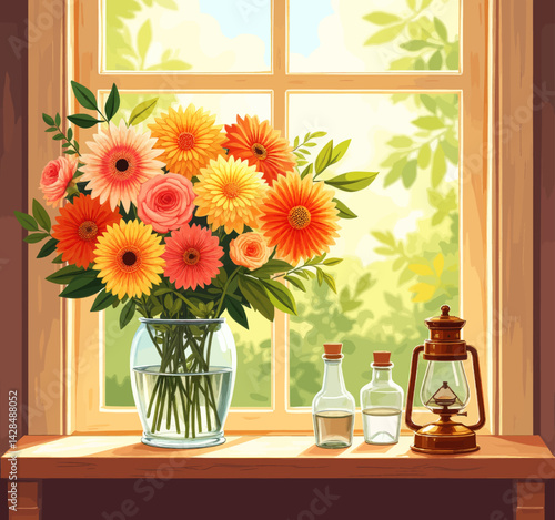 Floral bouquet, bottles, and lantern by window sill