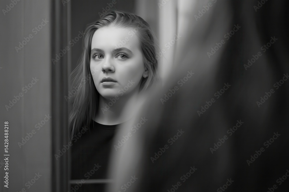 Reflected Introspection A woman gazes softly at her reflection, her face partially obscured by gentle shadows. The black-and-white tones emphasize the quiet connection between her