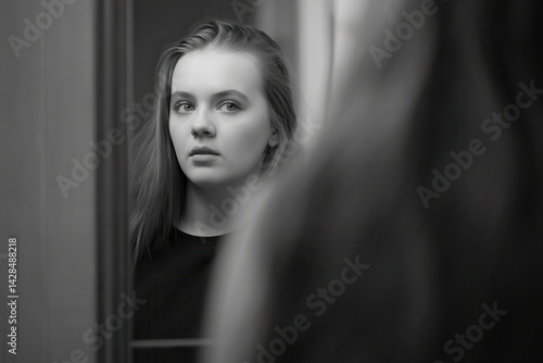 Reflected Introspection A woman gazes softly at her reflection, her face partially obscured by gentle shadows. The black-and-white tones emphasize the quiet connection between her 
