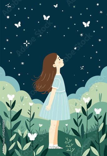 Girl Gazing at Stars and Butterflies in Garden Night Scene