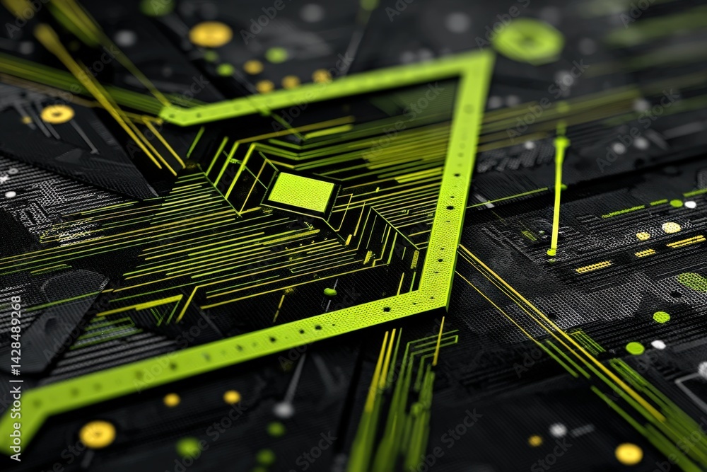 Abstract Circuit Board Design with Green and Black Geometric Shapes