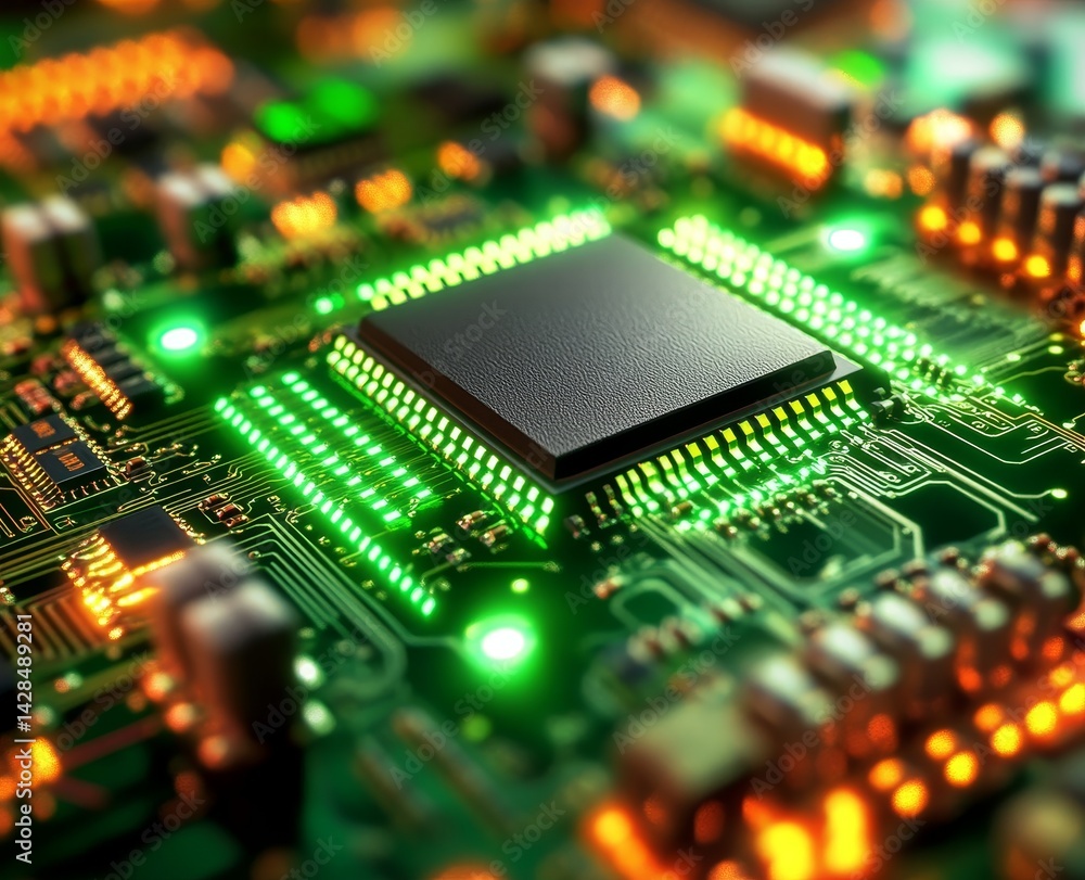 Close-up View of a High-Tech Circuit Board Featuring a Powerful Microprocessor Chip Illuminated with Vivid Green and Orange Lights Close-up View of a High-Tech Circuit Board Featuring a Powerful Microprocessor Chip Illuminated with Vivid Green and Orange Lights
