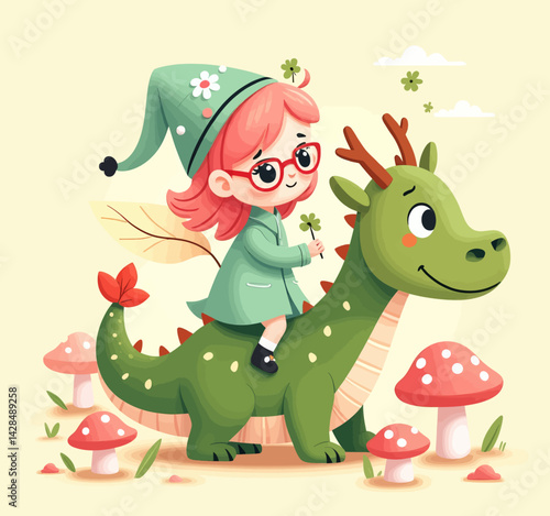 Girl with Clover Rides Friendly Green Dragon Cartoon