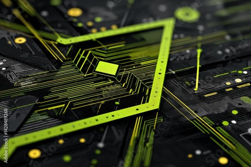 Obraz na płótnie Abstract Circuit Board Design with Green and Black Geometric Shapes w salonie