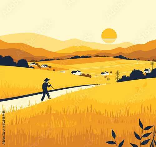 Golden rice field with farmer and distant houses
