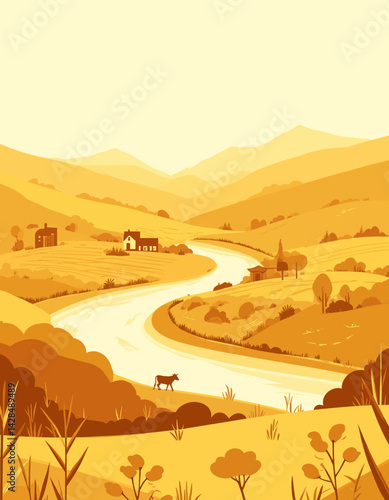 Golden pastoral landscape with river and grazing cow